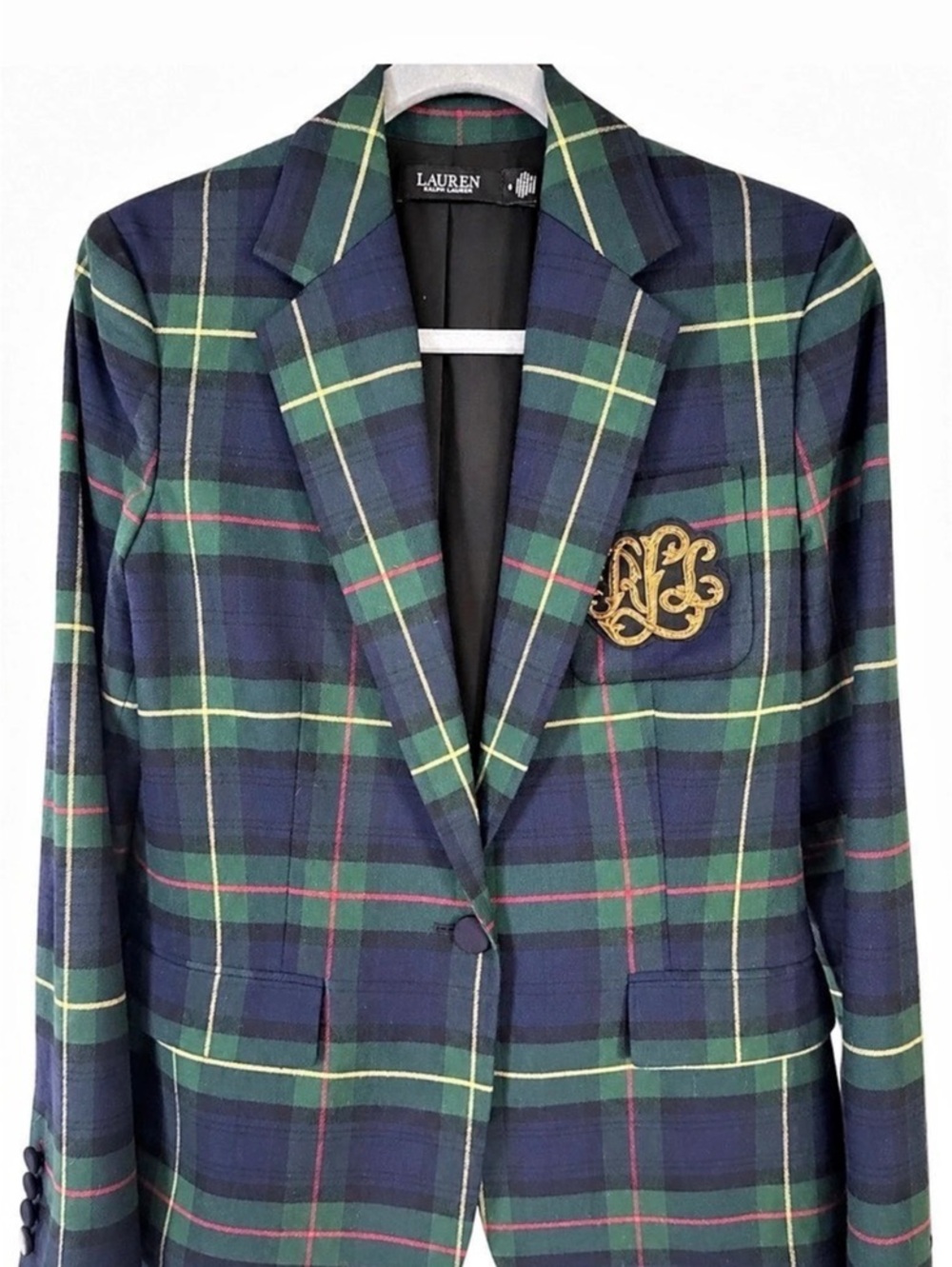 Lauren Ralph Lauren Women’s Plaid Blazer Size 6 Green Navy Gold Monogram, worn o